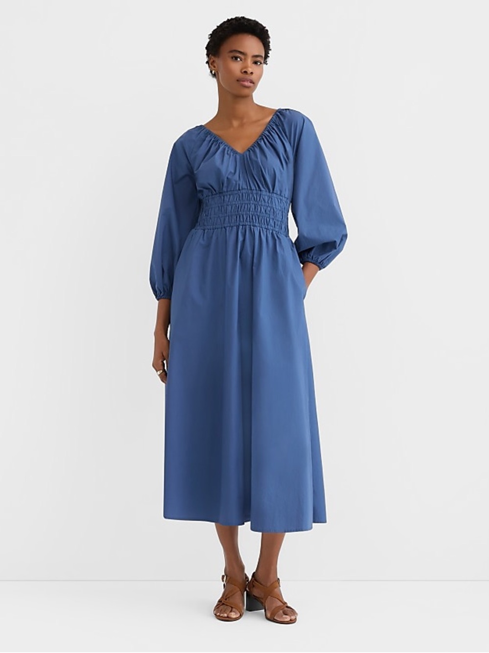 NWT Loft Poplin Smocked Midi Pocket Dress